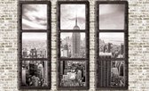 Fotobehang - Vlies Behang - New York Stad en Empire State Building door de Ramen in 3D - 152,5 x 104 cm