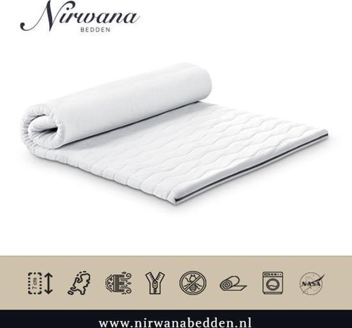 Nirwana Bedden 120x200 Topdekmatras - Topper NASA-VISCO - Traagschuim - 7 CM - Nirwana Bedden Wit