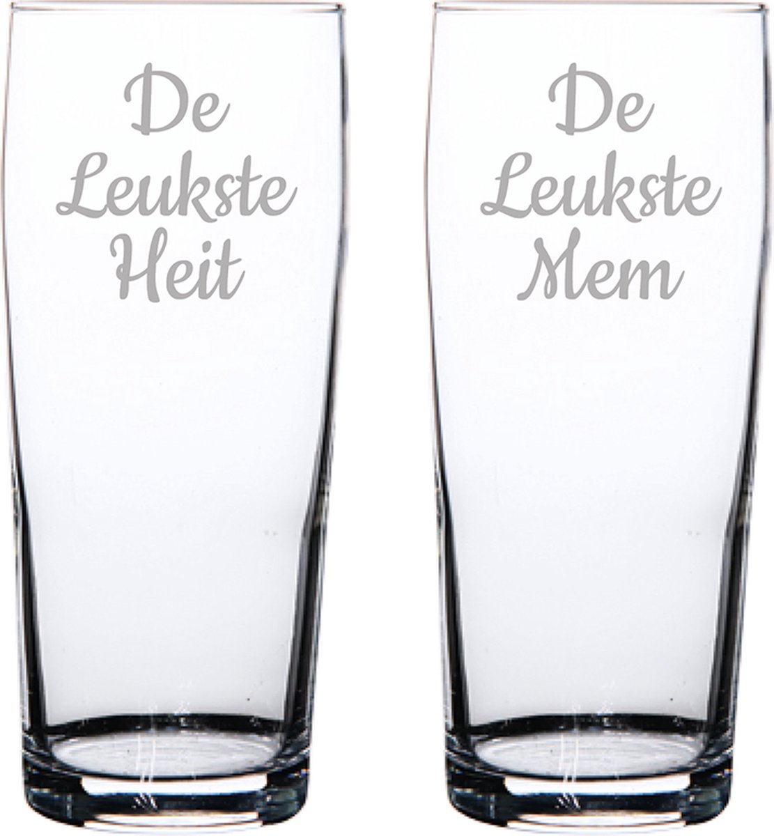 Gegraveerde bierfluitje 19cl De Leukste Mem-De Leukste Heit