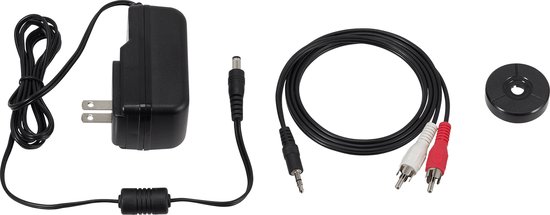 Power adapter, USB kabel, RCA kabel met rode en witte plug, en een 45 toeren adapter.
