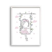 Design Poster Meisje op de schommel met bloemetjes roze / Kinderkamer / Meisjeskamer / Muurdecoratie / 30x21cm A4 - Postercity