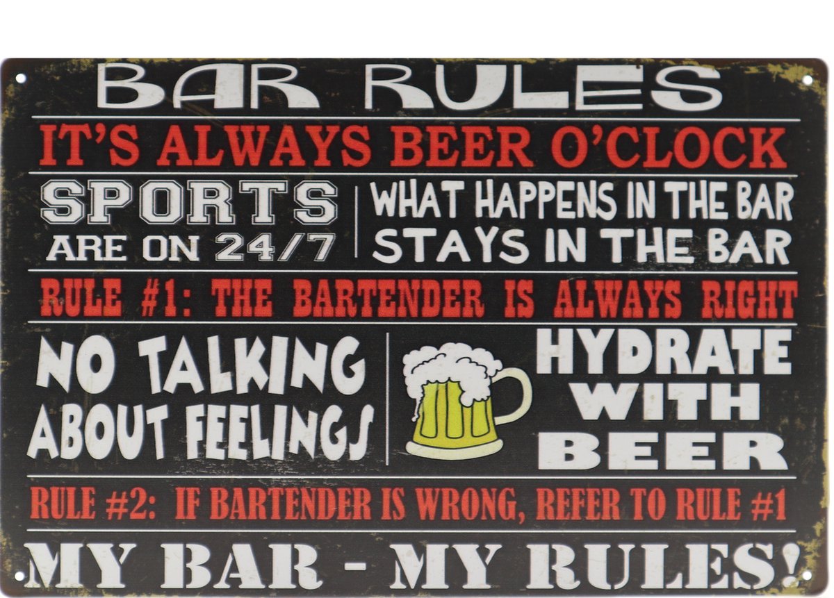 Vintage art Wandbord – Bar Rules - Regels - Retro - Wanddecoratie – Reclame bord – Restaurant – Kroeg - Bar – Cafe - Horeca – Metal Sign – 20x30cm Multi