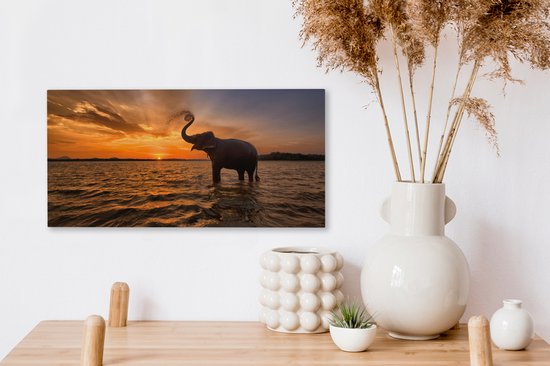 Toile - Éléphant - Coucher de soleil - Water - Décoration murale - 40x20 cm - Peintures sur toile - Toile canvas