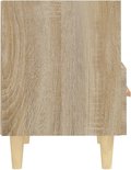 Vue latérale table de chevet couleur chêne sonoma, avec compartiment ouvert et tiroir, pieds en bois.