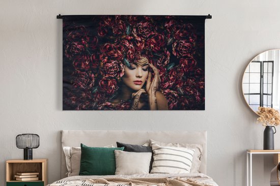 Wandkleed - Wanddoek - Vrouw - Bloemen - Henna - Portret - 180x120 cm - Wandtapijt