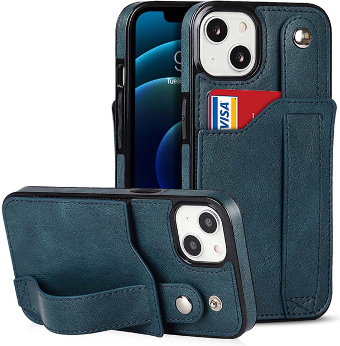 Smartphonica Leren Hoesje Met Pashouder voor iPhone 13 - Blauw geschikt voor iPhone 13