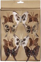 10x stuks decoratie vlinders op clip bruin tinten - Kerstversiering/woondecoratie/bruiloft versiering
