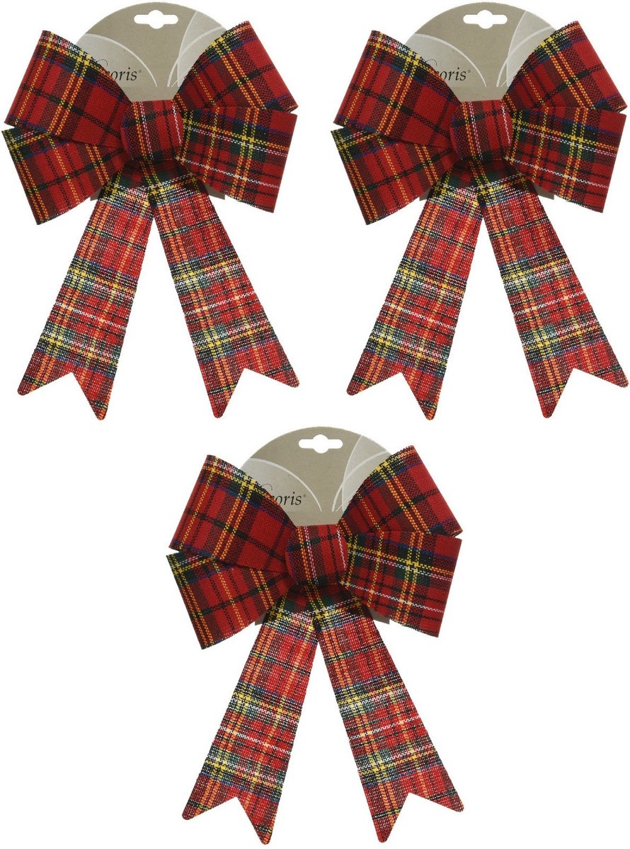 Kerstboom decoratie strikken in geruit patroon, rood-wit, 23 cm lang - Bellatio Decorations