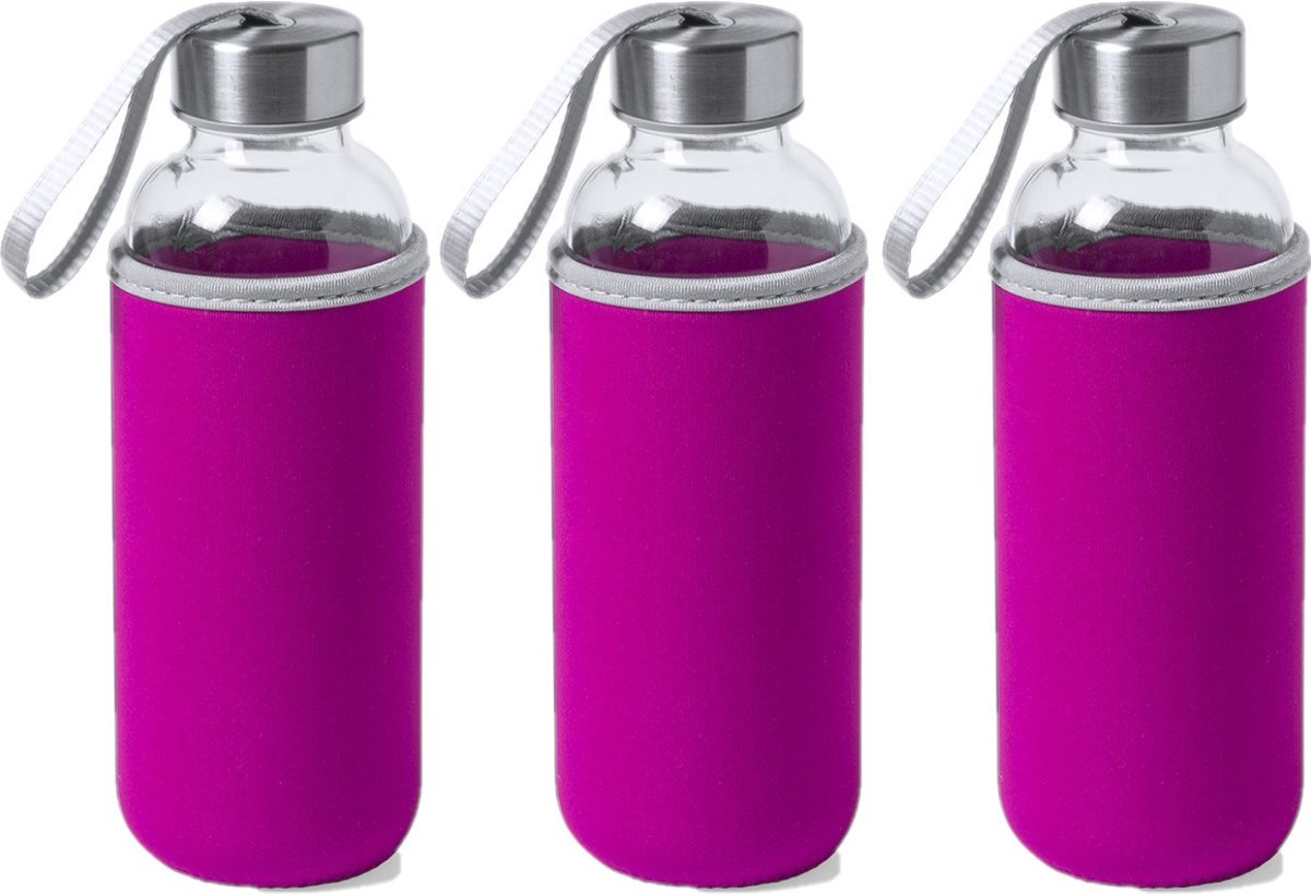 3x Stuks glazen waterfles/drinkfles met fuchsia roze softshell bescherm hoes 420 ml - Sportfles - Bidon