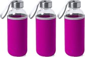 3x Stuks glazen waterfles/drinkfles met fuchsia roze softshell bescherm hoes 420 ml - Sportfles - Bidon