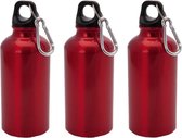3x Stuks aluminium waterfles/drinkfles rood met schroefdop en karabijnhaak 400 ml - Sportfles - Bidon