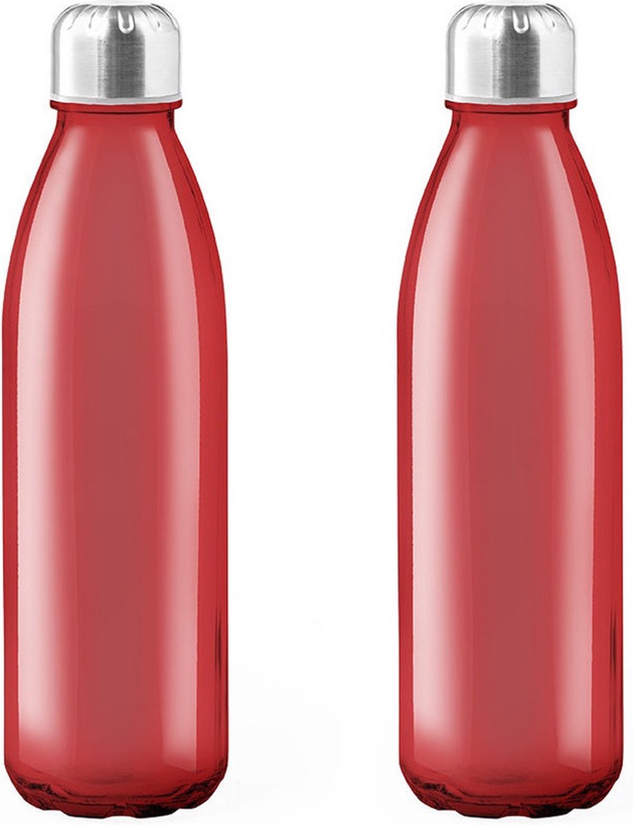 4x Stuks glazen waterfles/drinkfles rood transparant met Rvs dop 500 ml - Sportfles - Bidon