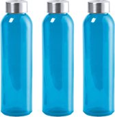 6x Stuks glazen waterfles/drinkfles blauw transparant met Rvs dop 550 ml - Sportfles - Bidon