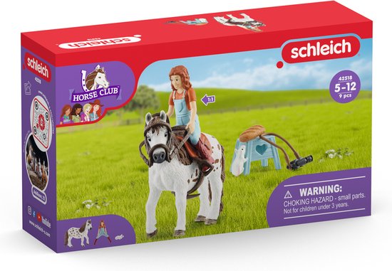 Schleich Horse Club speelgoed met ruiter op een gevlekt paard, en een klein paardje met zadel.
