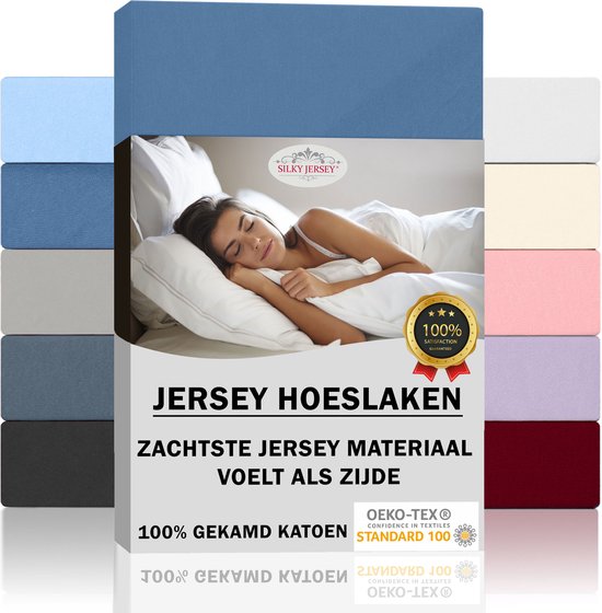 Silky Jersey  Zijdezachte Jersey Hoeslaken Strijkvrij 100% Gekamd Katoen - 180x200+30 cm  Jeans Blauw