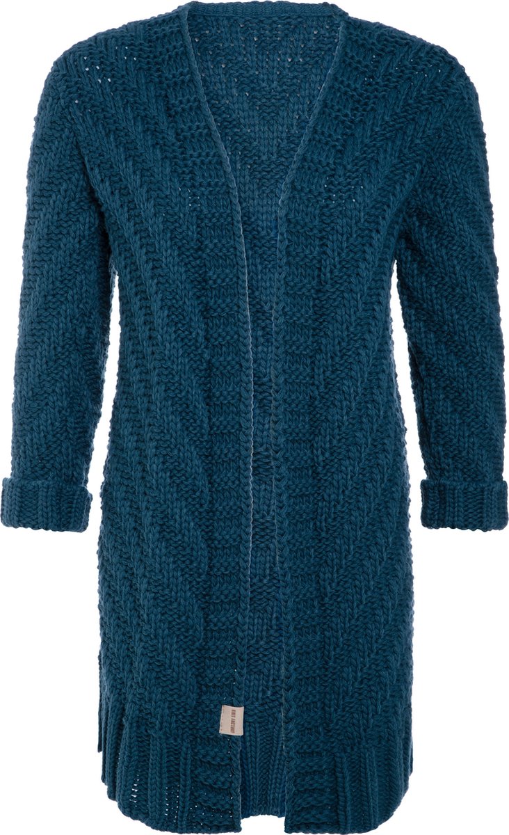 Knit Factory Sally Gebreid Dames Vest - Grof gebreid donkerblauw damesvest - Cardigan voor de herfst en winter - Middellang vest reikend tot boven de knie - Petrol - 40/42