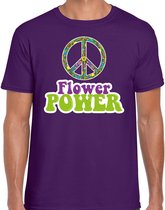 Jaren 60 Flower Power verkleed shirt paars met groene en paarse letters heren - Sixties/ jaren 60 kleding L