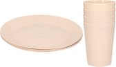 Setje van 8x diner/ontbijt bekers/bordjes van afbreekbaar bio-plastic in het eco-beige
