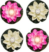 Setje van 6x stuks decoratie waterlelies met LED-licht 13 cm wit/roze - Tuin/vijver decoraties