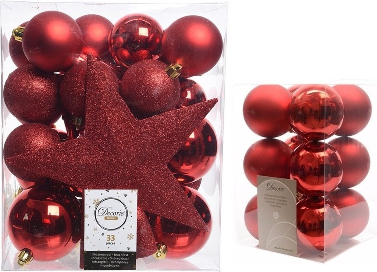 Kerstversiering kunststof kerstballen rood 5-6-8 cm pakket van 45x stuks - Met kunststof ster piek van 19 cm