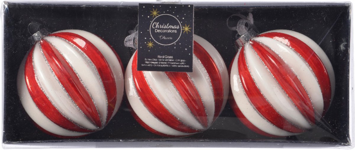 Decoris Luxe kerstballen - 12x - rood/wit gestreept - D8 cm - glas - glitter - brass - Kerstversiering/kerstboomversiering