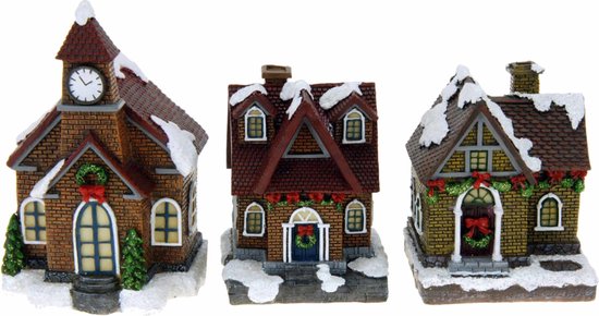 Kerstdorp huisjes set van 3x huisjes met Led verlichting 13 cm - Kleuren veranderen doorlopend voor extra sfeer