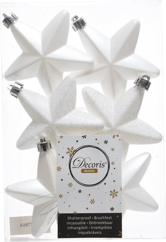 Décorations de Noël de Noël boules de Noël en plastique et pendentifs étoiles blanc hiver 5-6-8 cm paquet 39x pièces - Avec pic en forme d'étoile 19 cm