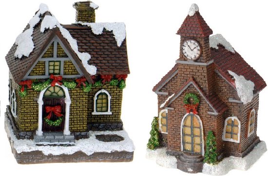 2x Kersthuisjes/kerstdorpje met verlichting 13 cm - Kerstdorpen maken accessoires