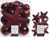 Kerstversiering kunststof kerstballen en hangers donkerrood 5-6-8 cm pakket van 39x stuks - Met ster vorm piek van 19 cm