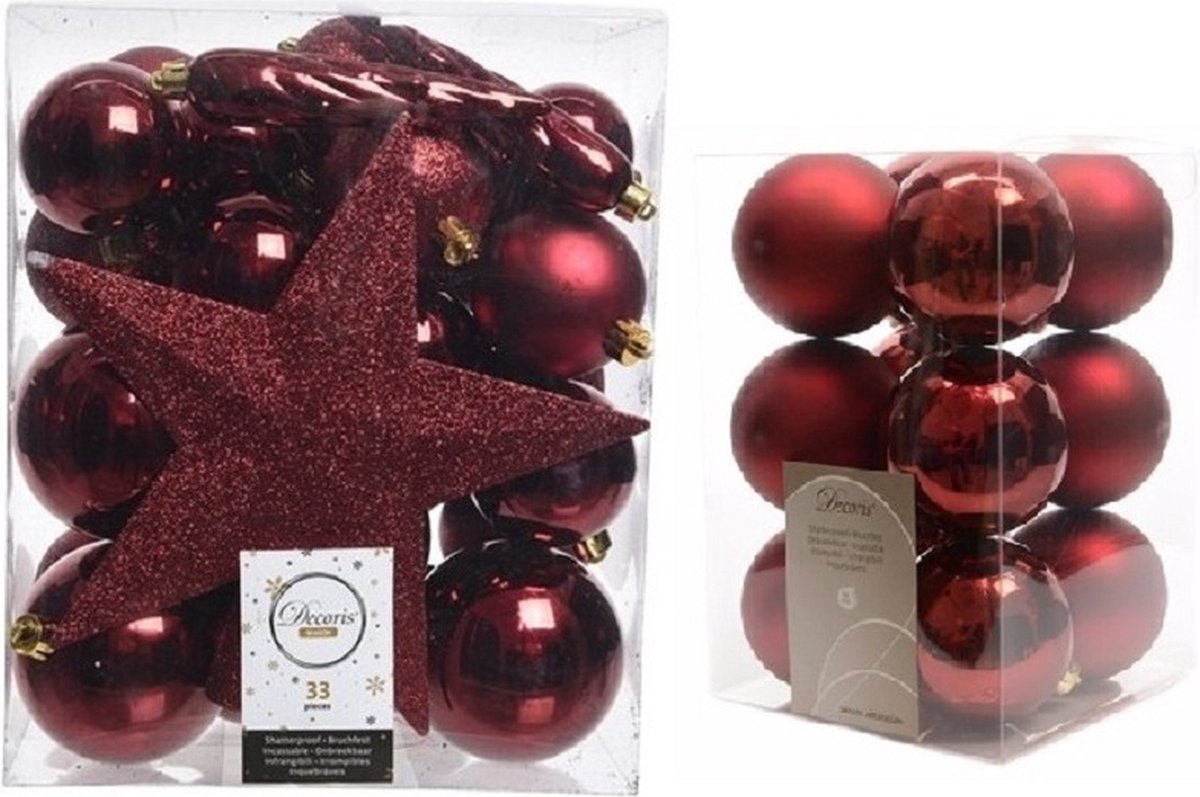 Kerstversiering kunststof kerstballen donkerrood 5-6-8 cm pakket van 45x stuks - Met kunststof ster piek van 19 cm