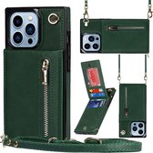 Geschikt Voor iPhone 14 Pro Max Hoesje Met Koord - Solidenz Portemonnee Hoes - Telefoonhoesje Met Koord 14 Pro Max - Wallet Case - Cover Hoes Met Koordje - Backcover Met Koord 14 Pro Max - Groen