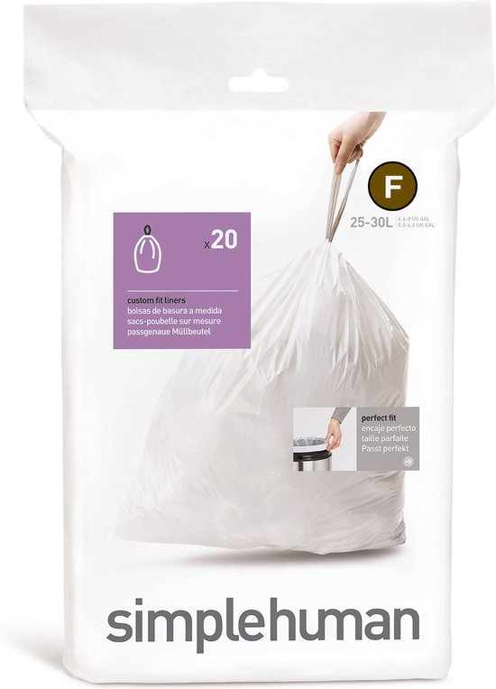 Simplehuman Code F Afvalzakken - 25 liter - 20 stuks - met Trekband - Wit