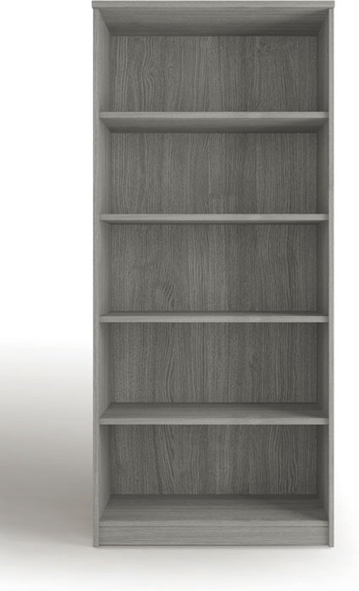 Boekenkast met zes grijze eikenhouten legplanken.