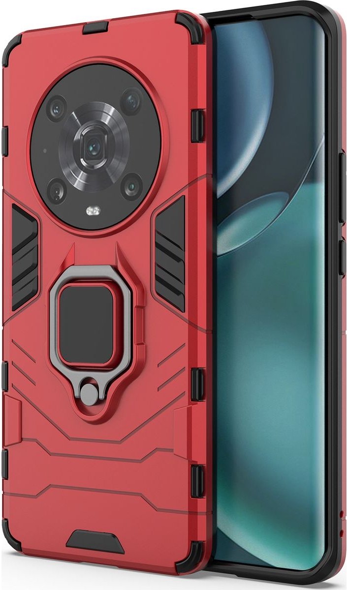 Mobigear Hoesje geschikt voor HONOR Magic 4 Pro Telefoonhoesje Hardcase | Mobigear Armor Ring Backcover Shockproof met Ringhouder | Schokbestendig Magic 4 Pro Telefoonhoesje | Anti Shock Proof - Rood