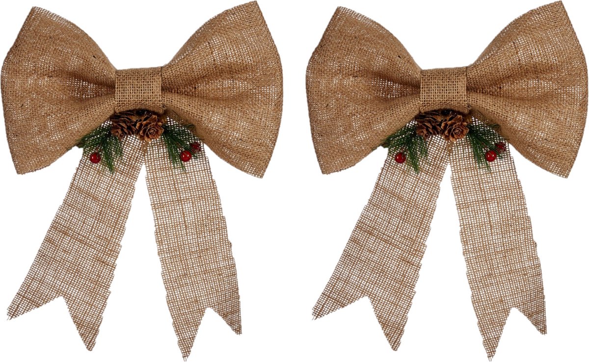 2x stuks kerstboomversieringen ornament strikjes/strikken jute beige 25 x 26 cm