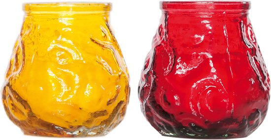 Lowboy tafel kaarsen setje van 4x stuks 7 cm in rood/geel - Buiten en binnen
