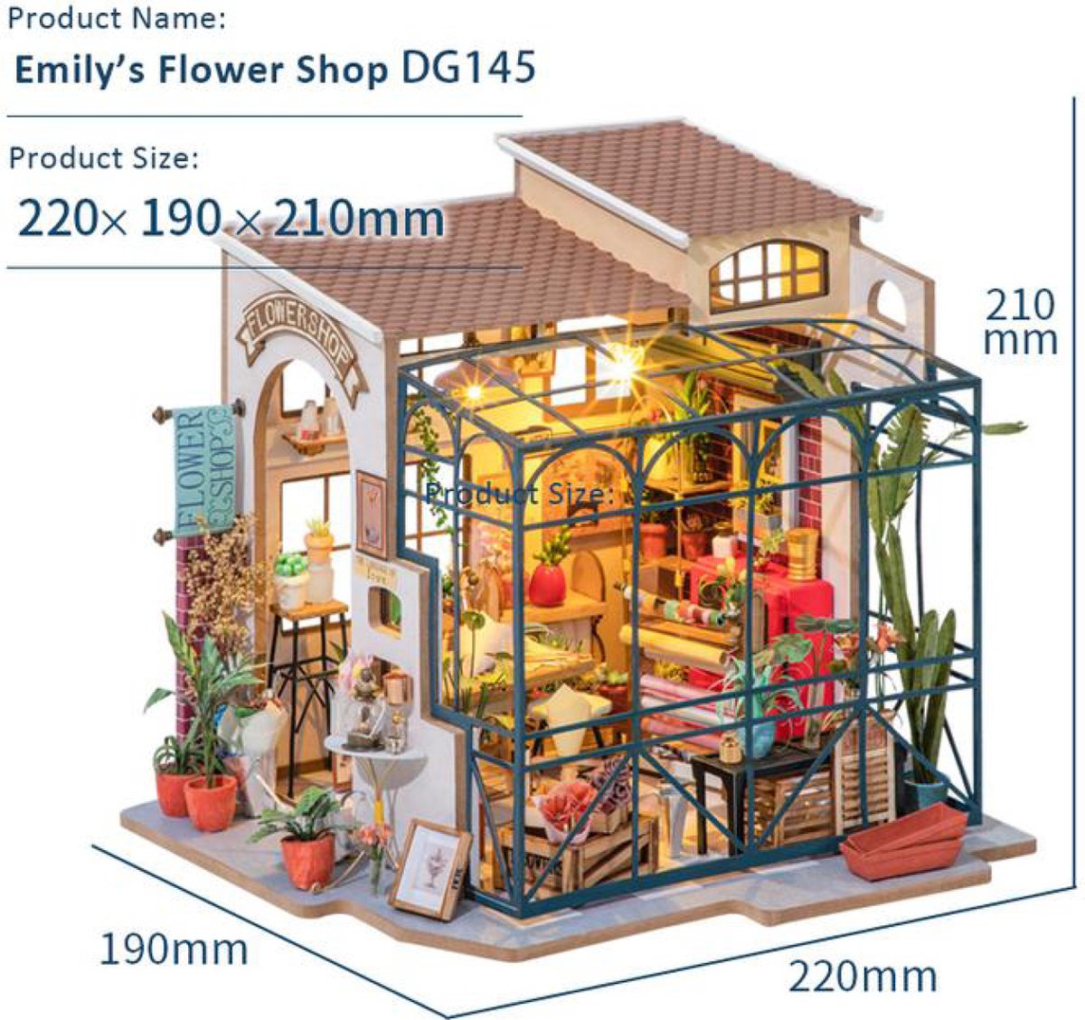 Robotime DIY, Speelgoed Cadeau Modelbouw, Speelgoed Cadeau pakket Emily's bloemenwinkel met verlichting (DG145) 172 x 195 184 mm — afbeelding 11