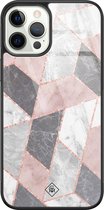 Casimoda® hoesje - Geschikt voor iPhone 12 Pro - Stone grid marmer / Abstract marble - Luxe Hard Case Zwart - Backcover telefoonhoesje - Roze