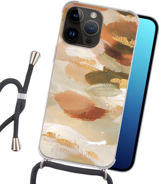 Telefoonhoesje Geschikt voor Apple Iphone 14 Pro - Verf - Goud - Bruin - Siliconen - Crossbody - Backcover met Koord - Telefoonhoesje met koord - Hoesje met touw Telefoonhoesje