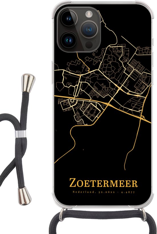Telefoonkoord - Telefoonketting - Telefoonhoesje Geschikt voor Apple Iphone 14 Pro Max - Zoetermeer - Kaart - Goud - Siliconen - Crossbody - Telefoonhoesje met koord Telefoonhoesje