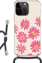 Geschikt voorApple Iphone 14 Pro - Crossbody Case - Bloemen - Patroon - Minimalisme - Siliconen - Crossbody - Backcover met Koord - Telefoonhoesje met koord - Hoesje met touw