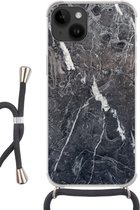 Geschikt voorApple Iphone 14 - Crossbody Case - Marmer print - Grijs - Wit - Siliconen - Crossbody - Backcover met Koord - Telefoonhoesje met koord - Hoesje met touw