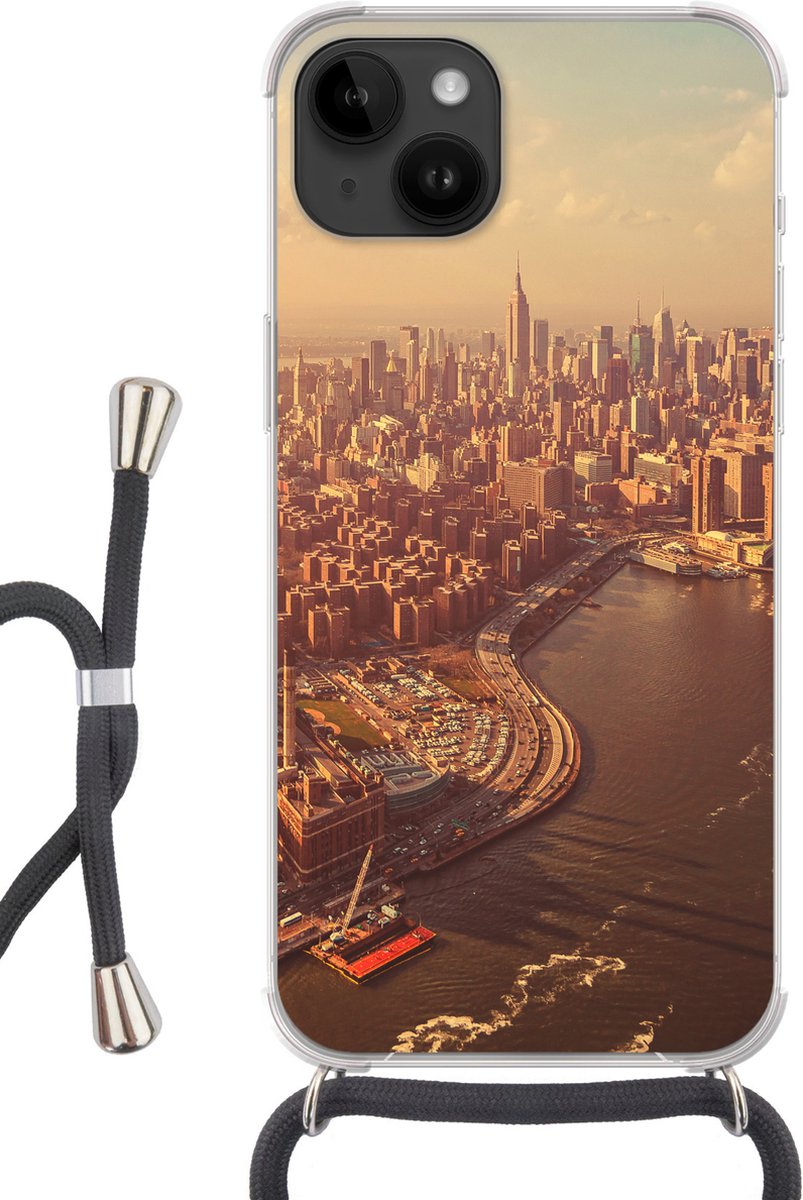Telefoonhoesje Geschikt voor Apple Iphone 14 - New York - Skyline - Goud - Siliconen - Crossbody - Backcover met Koord - Telefoonhoesje met koord - Hoesje met touw Telefoonhoesje