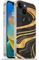 Telefoonhoesje Geschikt voorApple Iphone 14 hoesje - Marmer print - Goud - Zwart - Siliconen Telefoonhoesje