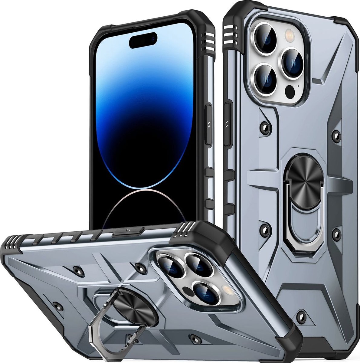 Mobigear Hoesje geschikt voor Apple iPhone 14 Pro Telefoonhoesje Hardcase | Mobigear Armor Ring Backcover Shockproof met Ringhouder | Schokbestendig iPhone 14 Pro Telefoonhoesje | Anti Shock Proof - Grijs