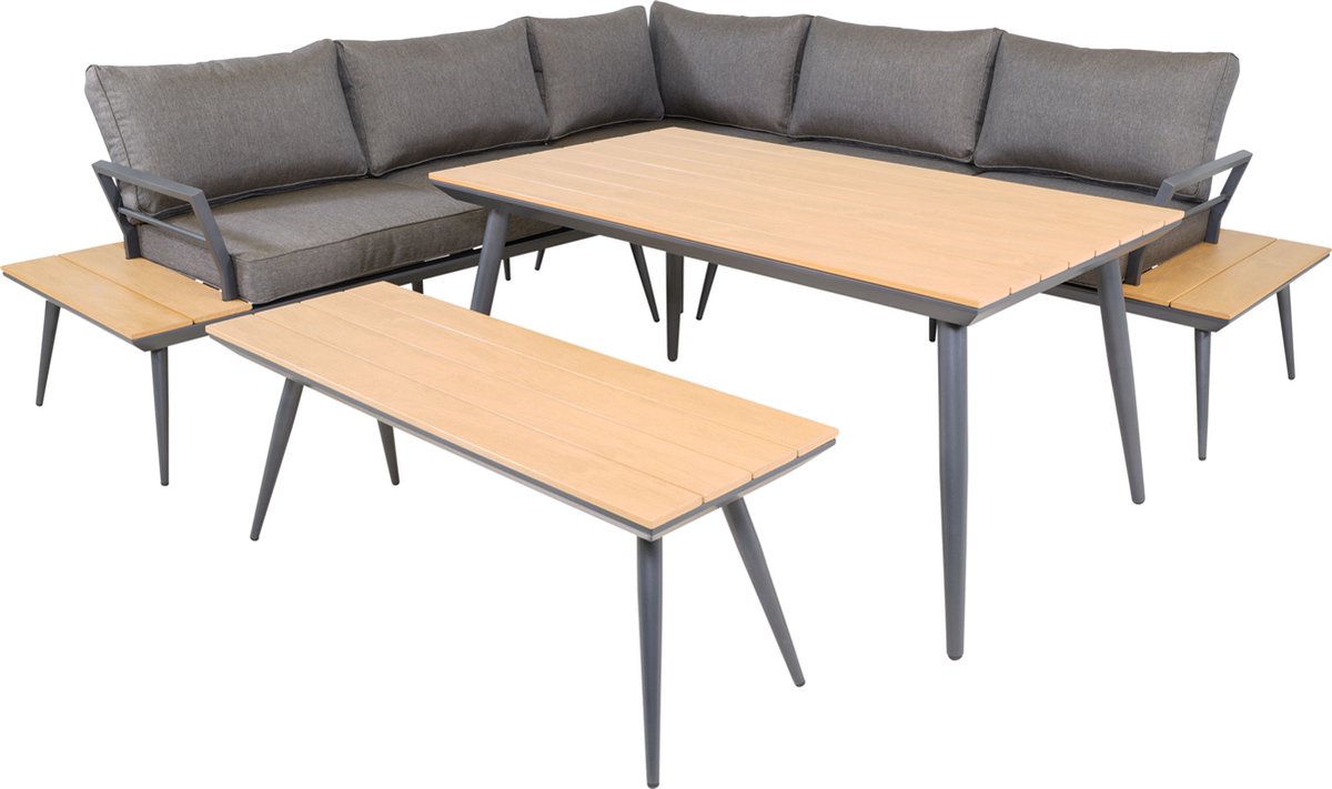 Polydesign - Tuin Diningset - hoek - polyester kussens - grijs taupe - eettafel - zitbank - polywood - teaklook - alu frame - antraciet