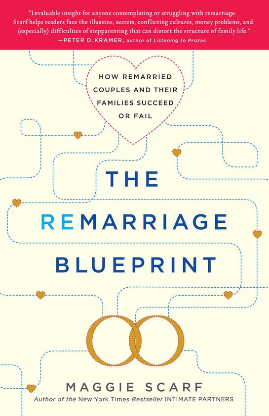 Boekomslag van 'The Remarriage Blueprint' met de tekst 'Hoe hertrouwde koppels en hun families slagen of falen'. Twee gouden ringen.