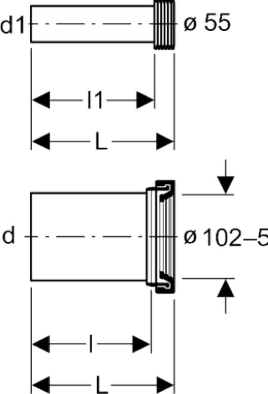 Technische tekening met afmetingen van twee buizen, diameters 55 en 102-5.