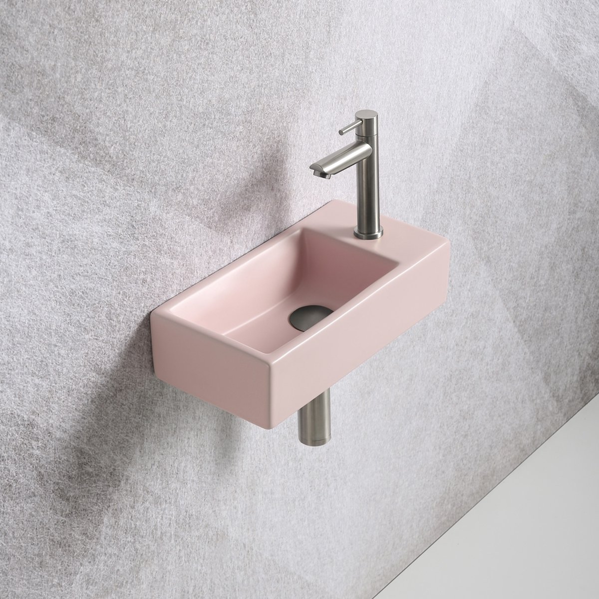 Fonteinset Mia 40.5x20x10.5cm mat roze rechts inclusief fontein kraan, sifon en afvoerplug RVS