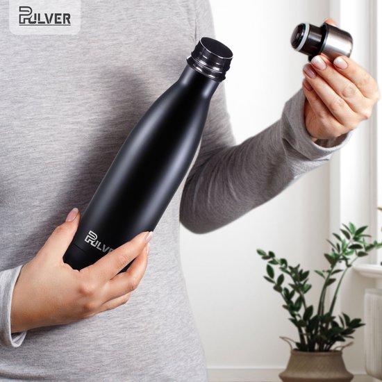 Pulver - Bouteille Thermos / Gourde De Luxe En Acier Inoxydable - Sans BPA - 500 ml - Bouteille D'eau Avec Paille - Gourde - Double Isolation - Zwart